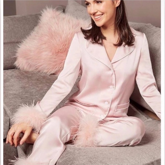 NADINE MERABI Blush Satin Feather-Trim Pajama Set - Picture 2 of 4